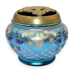 Antique Fenton Handpainted Favrene Blue Gold Covered Glass Bowl Potpourri Jar